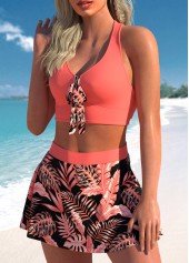 Coral swimwear,Plants swimwear,ROTITA Criss Cross Coral Tropical Plants Print Bikini Top