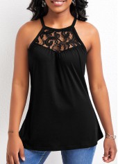 Black tops,Plain Color tops,Lace Patchwork Black Strappy Camisole Top