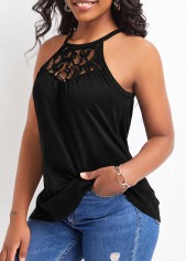 Black tops,Plain Color tops,Lace Patchwork Black Strappy Camisole Top