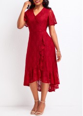 Wine Red dresses,Plain Color dresses,Lace Wine Red High Low V Neck Dress