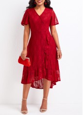 Lace Wine Red High Low V Neck Dress