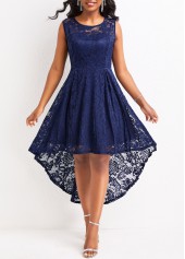 Lace Navy High Low Scoop Neck Sleeveless Dress