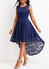 Navy dresses,Plain Color dresses,Lace Navy High Low Scoop Neck Sleeveless Dress