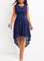 Navy dresses,Plain Color dresses,Lace Navy High Low Scoop Neck Sleeveless Dress