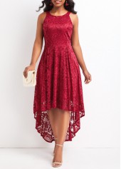 Wine Red dresses,Plain Color dresses,Lace Wine Red High Low Round Neck Dress