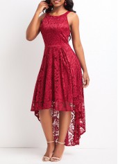 Wine Red dresses,Plain Color dresses,Lace Wine Red High Low Round Neck Dress