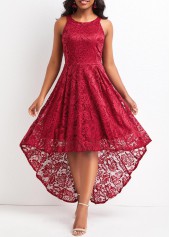 Lace Wine Red High Low Round Neck Dress
