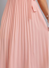 Light Pink dresses,Plain Color dresses,Pleated Light Pink Belted V Neck Dress
