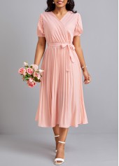 Pleated Light Pink Belted V Neck Dress