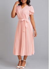 Light Pink dresses,Plain Color dresses,Pleated Light Pink Belted V Neck Dress