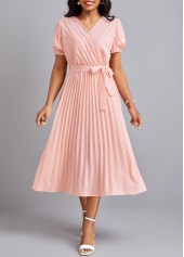 Light Pink dresses,Plain Color dresses,Pleated Light Pink Belted V Neck Dress