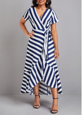 Blue dresses,White dresses,Striped dresses,Ruffle Striped Blue V Neck Maxi Dress