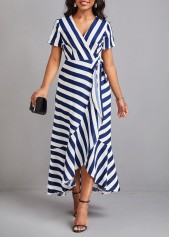 Ruffle Striped Blue V Neck Maxi Dress
