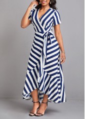 Blue dresses,White dresses,Striped dresses,Ruffle Striped Blue V Neck Maxi Dress