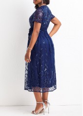 Blue dresses,Plain Color dresses,Mesh Blue Belted V Neck Short Sleeve Dress