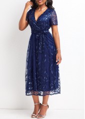 Blue dresses,Plain Color dresses,Mesh Blue Belted V Neck Short Sleeve Dress