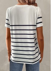 White plus size,Striped plus size,Geometric plus size,Plus Size Button White Striped T Shirt