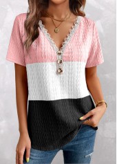 Pink plus size,White plus size,Contrast Color plus size,ROTITA Plus Size Patchwork Pink V Neck T Shirt