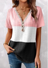 ROTITA Plus Size Patchwork Pink V Neck T Shirt