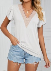 Patchwork White V Neck Short Sleeve T Shirt