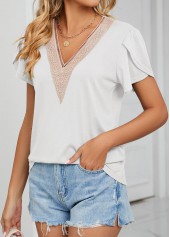 White tops,Plain Color tops,Patchwork White V Neck Short Sleeve T Shirt