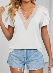 White tops,Plain Color tops,Patchwork White V Neck Short Sleeve T Shirt