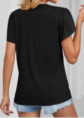 Black tops,Contrast Color tops,Patchwork Black V Neck Short Sleeve T Shirt