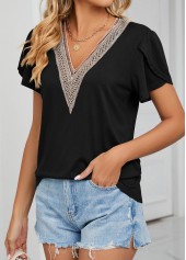 Black tops,Contrast Color tops,Patchwork Black V Neck Short Sleeve T Shirt