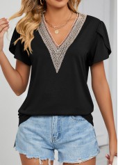 Black tops,Contrast Color tops,Patchwork Black V Neck Short Sleeve T Shirt