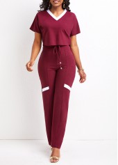 Dark Reddish Purple jumpsuits & rompers,Contrast Color jumpsuits & rompers,Tie Patchwork Dark Reddish Purple Long Top and Pants