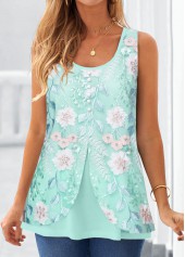 Cyan tops,Floral tops,Plants tops,ROTITA Layered Floral Print Cyan Square Neck Tank Top
