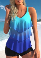 Mesh Cyan Layered Hem Ombre Tankini Set