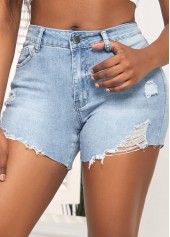 Denim Blue bottoms,Plain Color bottoms,Pocket Skinny Button Zipper Fly Denim Shorts