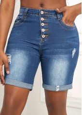Denim Blue bottoms,Plain Color bottoms,Pocket Denim Blue Skinny Button Fly Shorts