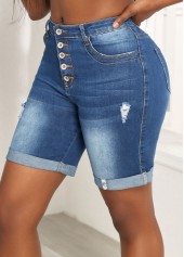 Denim Blue bottoms,Plain Color bottoms,Pocket Denim Blue Skinny Button Fly Shorts
