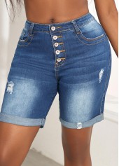 Denim Blue bottoms,Plain Color bottoms,Pocket Denim Blue Skinny Button Fly Shorts