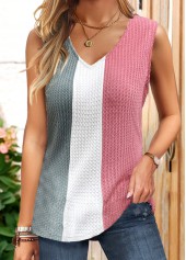 ROTITA Patchwork Striped Pink V Neck Tank Top