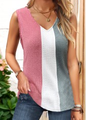 Pink tops,Striped tops,ROTITA Patchwork Striped Pink V Neck Tank Top