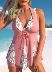 Ensemble tankini taille haute à imprimé floral rose patchwork Rotita