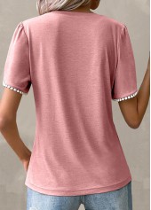 Light Pink tops,Plain Color tops,ROTITA Patchwork Light Pink Round Neck T Shirt