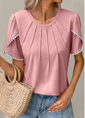 Light Pink tops,Plain Color tops,ROTITA Patchwork Light Pink Round Neck T Shirt