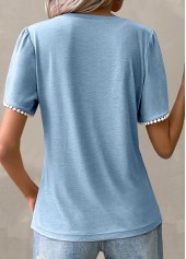 Light Blue tops,Plain Color tops,Patchwork Light Blue Round Neck T Shirt