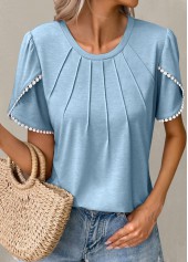 Light Blue tops,Plain Color tops,Patchwork Light Blue Round Neck T Shirt