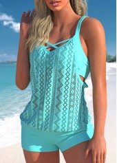 Cyan swimwear,Plain Color swimwear,ROTITA Cutout Fake 2in1 Cyan Tankini Top