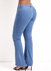 Denim Blue bottoms,Plain Color bottoms,Zipper Denim Blue Flare Leg Mid Waisted Jeans