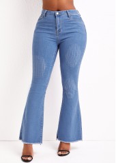 Zipper Denim Blue Flare Leg Mid Waisted Jeans