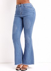 Denim Blue bottoms,Plain Color bottoms,Zipper Denim Blue Flare Leg Mid Waisted Jeans
