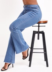 Denim Blue bottoms,Plain Color bottoms,Zipper Denim Blue Flare Leg Mid Waisted Jeans