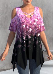 Hot Pink tops,Black tops,Floral tops,Ombre tops,ROTITA Handkerchief Hem Floral Print Hot Pink T Shirt
