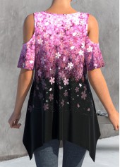 Hot Pink tops,Black tops,Floral tops,Ombre tops,ROTITA Handkerchief Hem Floral Print Hot Pink T Shirt
